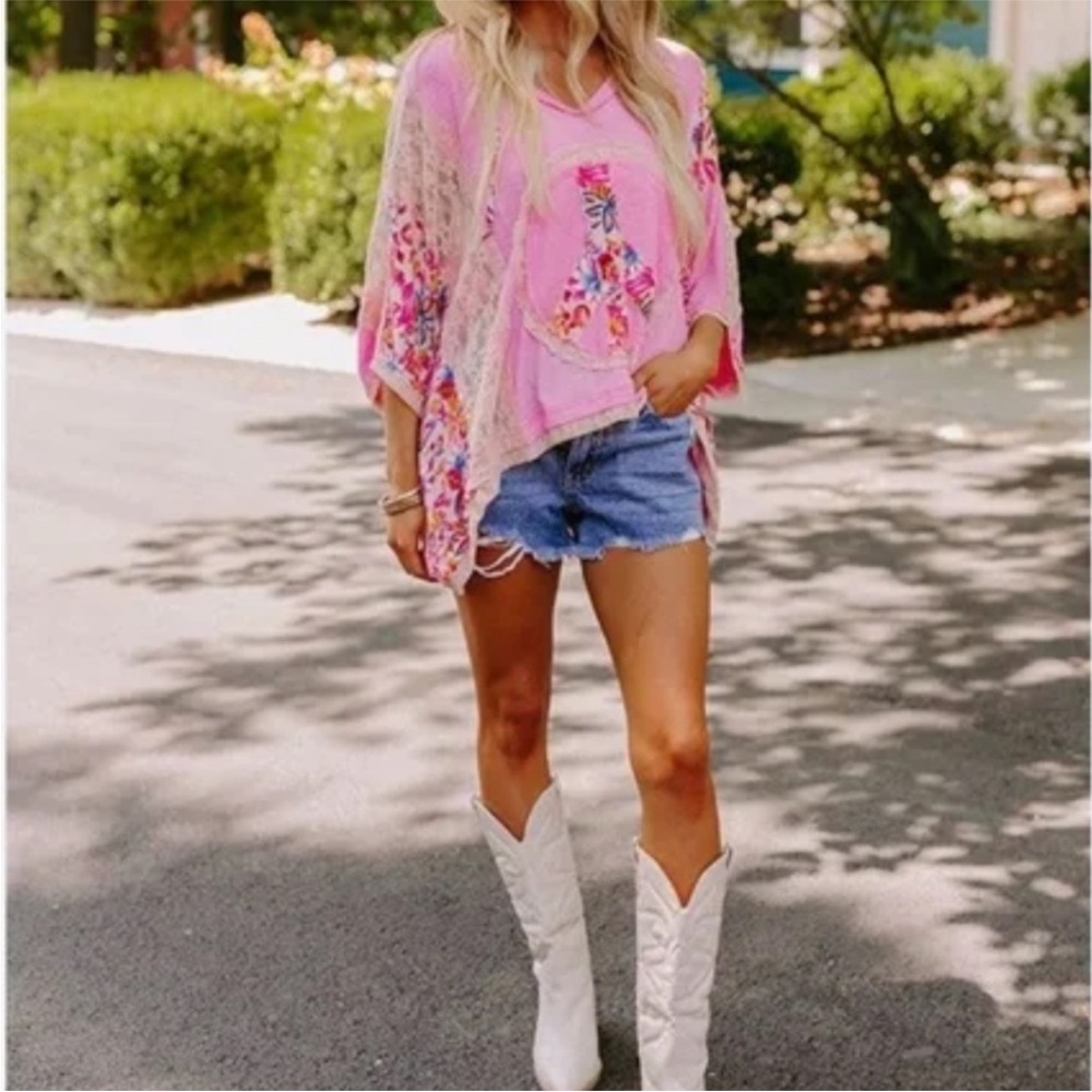 NEW POL Pink Blush Oversized Peace Sign Floral Mixed Media V-Neck Hoodie Top S - Picture 6 of 9